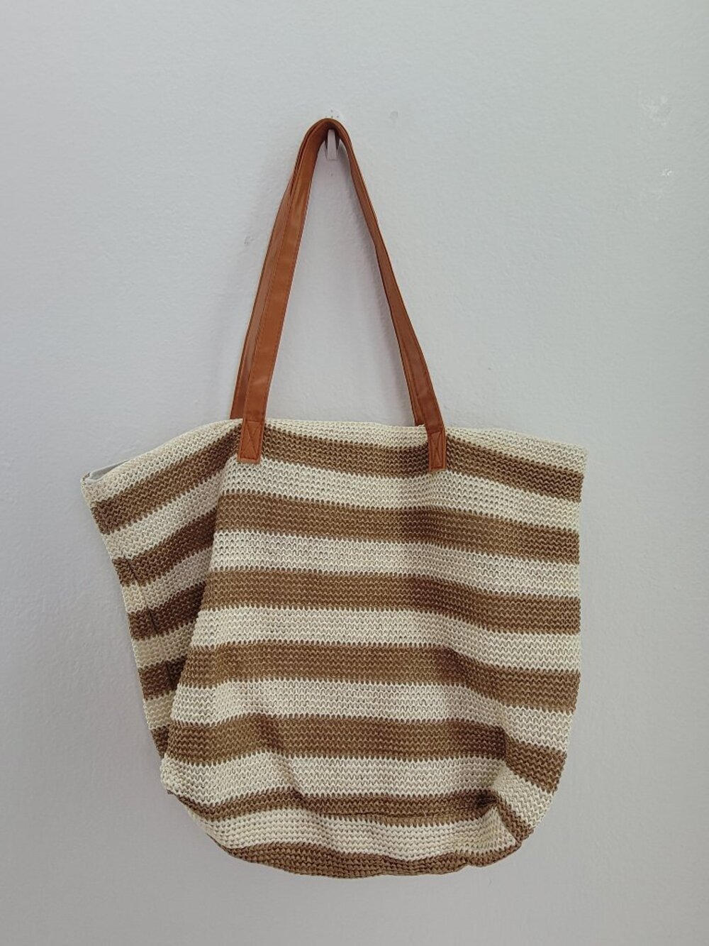 Striped Cream and Brown Knit Tote with Tan Handles